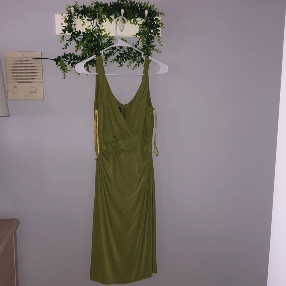 Green ruched midi cocktail dress